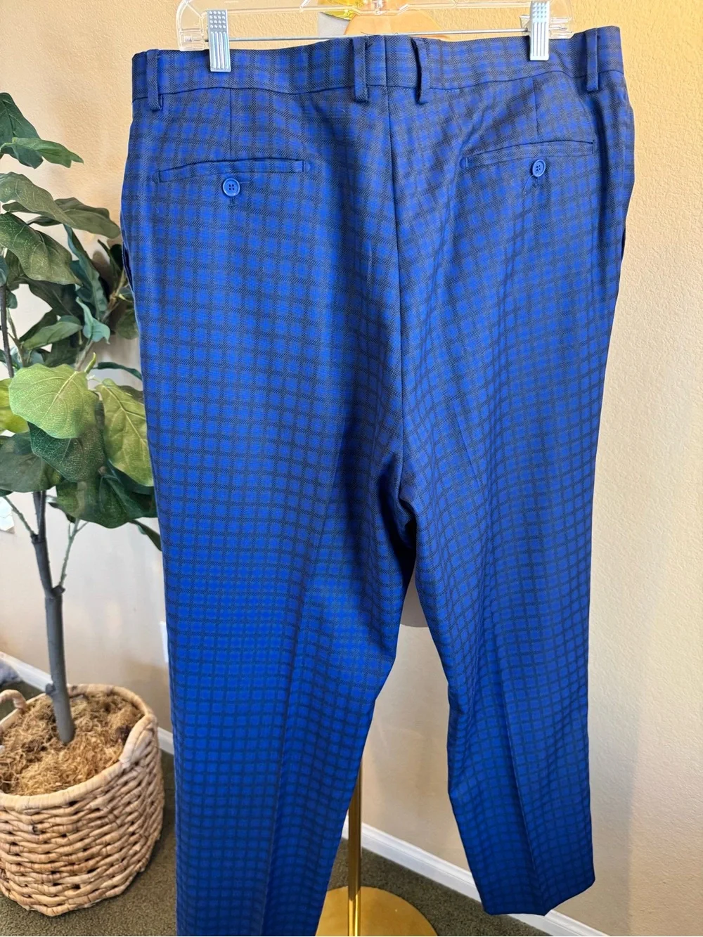 Statement Italy Mens 3‑Piece Suit - 44L Jacket/Vest, 40R Pants - Blue Check Wool
